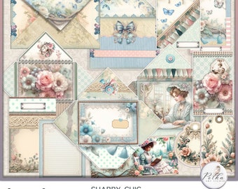 Diario spazzatura stampabile digitale, buste shabby chic, abbellimenti per posta e lettere, tagli pignoli, kit di cancelleria, documenti, busta vintage