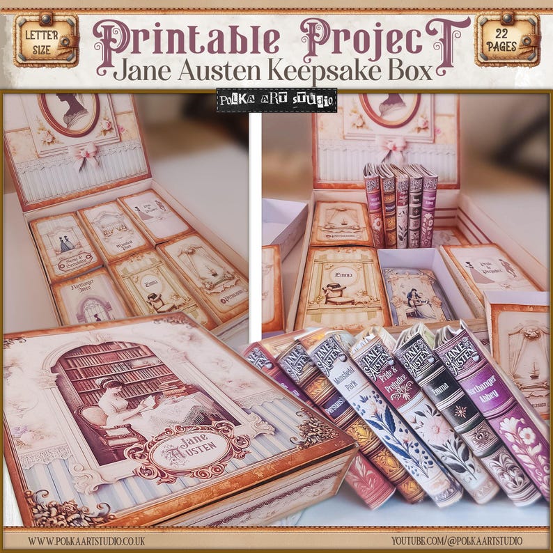 May include: A printable project for a Jane Austen keepsake box. The box is made of paper and features a design of a library with bookshelves and a woman reading. The box is decorated with a floral pattern and the text "Jane Austen". The box is open and reveals the inside with several small books with titles such as "Pride and Prejudice" and "Sense and Sensibility".