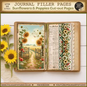 Kit de journal numérique tournesols, papiers décoratifs floraux découpés, rustique, coquelicots cottage, artisanat en papier pour studio d'art Polka