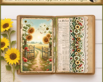 May include: Open journal with sunflower and poppy cut-out pages. The left page features a scenic illustration of a sunflower field with a gate. The right page has a vintage newspaper print with floral embellishments. The journal is labeled "Journal Filler Pages".