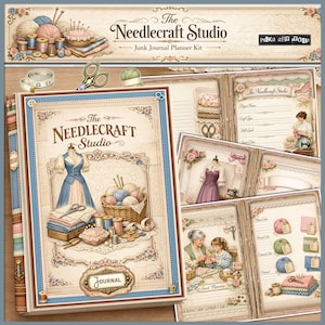 Puede incluir: Un kit de planificador de diario basura "The Needlecraft Studio" de estilo vintage. La portada presenta un diseño azul y crema con un maniquí, una cesta de hilo y nociones de costura. Las páginas interiores muestran ilustraciones y texto con temática de costura.