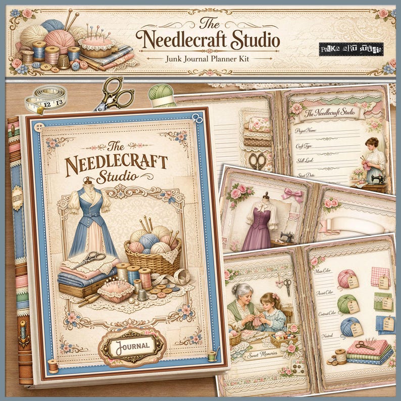 Puede incluir: Un kit de planificador de diario basura "The Needlecraft Studio" de estilo vintage. La portada presenta un dise&ntilde;o azul y crema con un maniqu&iacute;, una cesta de hilo y nociones de costura. Las p&aacute;ginas interiores muestran ilustraciones y texto con tem&aacute;tica de costura.