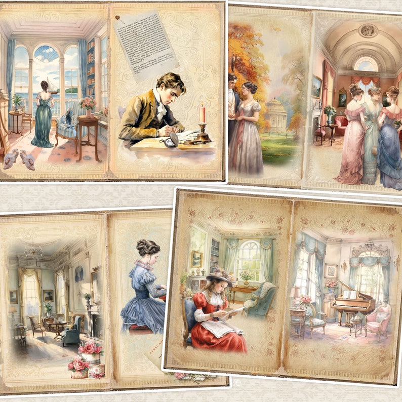May include: A vintage-style collage of images featuring people in various settings. The collage includes a man writing at a desk, a couple standing in a garden, and a group of women standing in a room. The images are framed with a decorative border.
