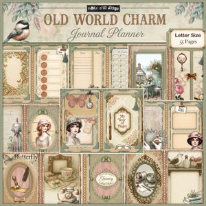 May include: A collage of vintage-style journal planner pages with the text "OLD WORLD CHARM Journal Planner". The pages feature illustrations of women, butterflies, and floral designs. The text "Letter Size 55 Pages" is also visible.
