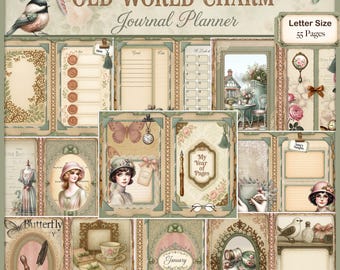 May include: A collage of vintage-style journal planner pages with the text "OLD WORLD CHARM Journal Planner". The pages feature illustrations of women, butterflies, and floral designs. The text "Letter Size 55 Pages" is also visible.