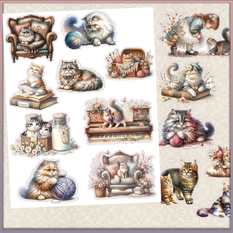 Junk Journal Stickers, Victorian Cats Fussy Cuts Printable Pages, Digital Download, Cricut, Cat Cutties, Digital papers, Embellishments image 3