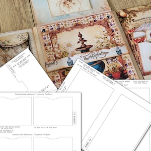 May include: A printable template for a scrapbook or journal with pockets. The template features a floral design with the text "The Herbaliser" and "Powders & Elixirs" on the front. The template includes instructions to print on cardstock paper and cut out the pockets.