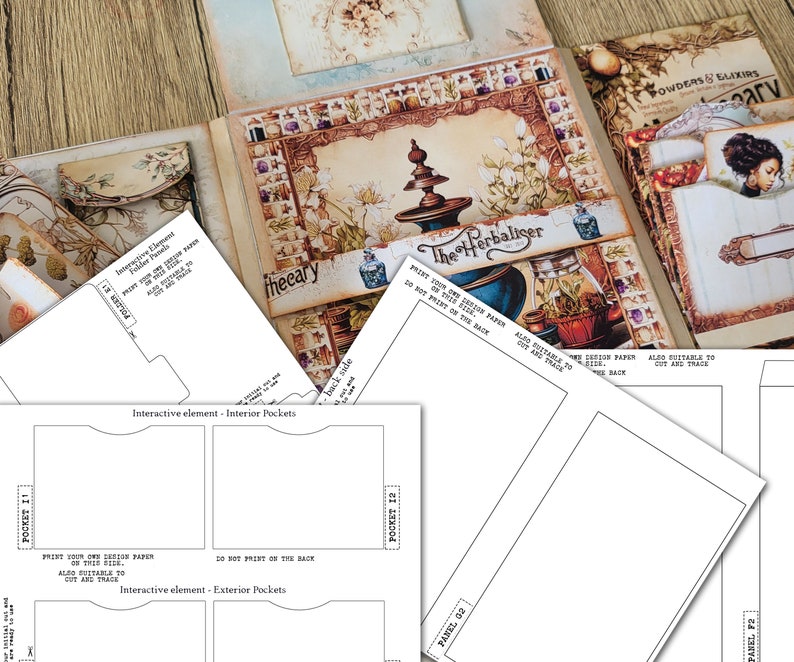 May include: A printable template for a scrapbook or journal with pockets. The template features a floral design with the text "The Herbaliser" and "Powders & Elixirs" on the front. The template includes instructions to print on cardstock paper and cut out the pockets.