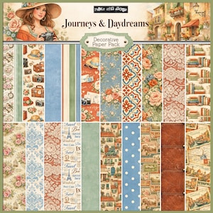 Peut inclure: Un ensemble de papier décoratif intitulé "Journeys & Daydreams" avec divers motifs. Les motifs comprennent des motifs floraux, de voyage et architecturaux dans des tons de bleu, de rouge et de marron. Le pack comprend également le texte "Travel" et "Post Card".