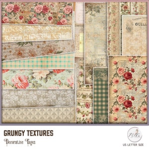 Cyfrowy dziennik śmieciowy Grungy Floral dekoracyjne strony, wzór papieru jutowego Vintage, pakiet papieru, natychmiastowe pobieranie, do druku scrapbookingowego