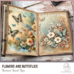 Junk Journal blauwe bloemen en vlinders Digitale decoratieve dagboekpagina's, scrapbooking, paper pack vintage aquarel direct downloaden