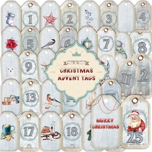 Dubbele kerstadventlabels, aftellen december/afdrukbare junk-dagboek kortstondige tags/Direct downloaden
