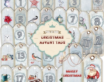 Christmas Advent Double Tags, December Countdown / Printable Junk Journal Ephemera Tags / Instant Download