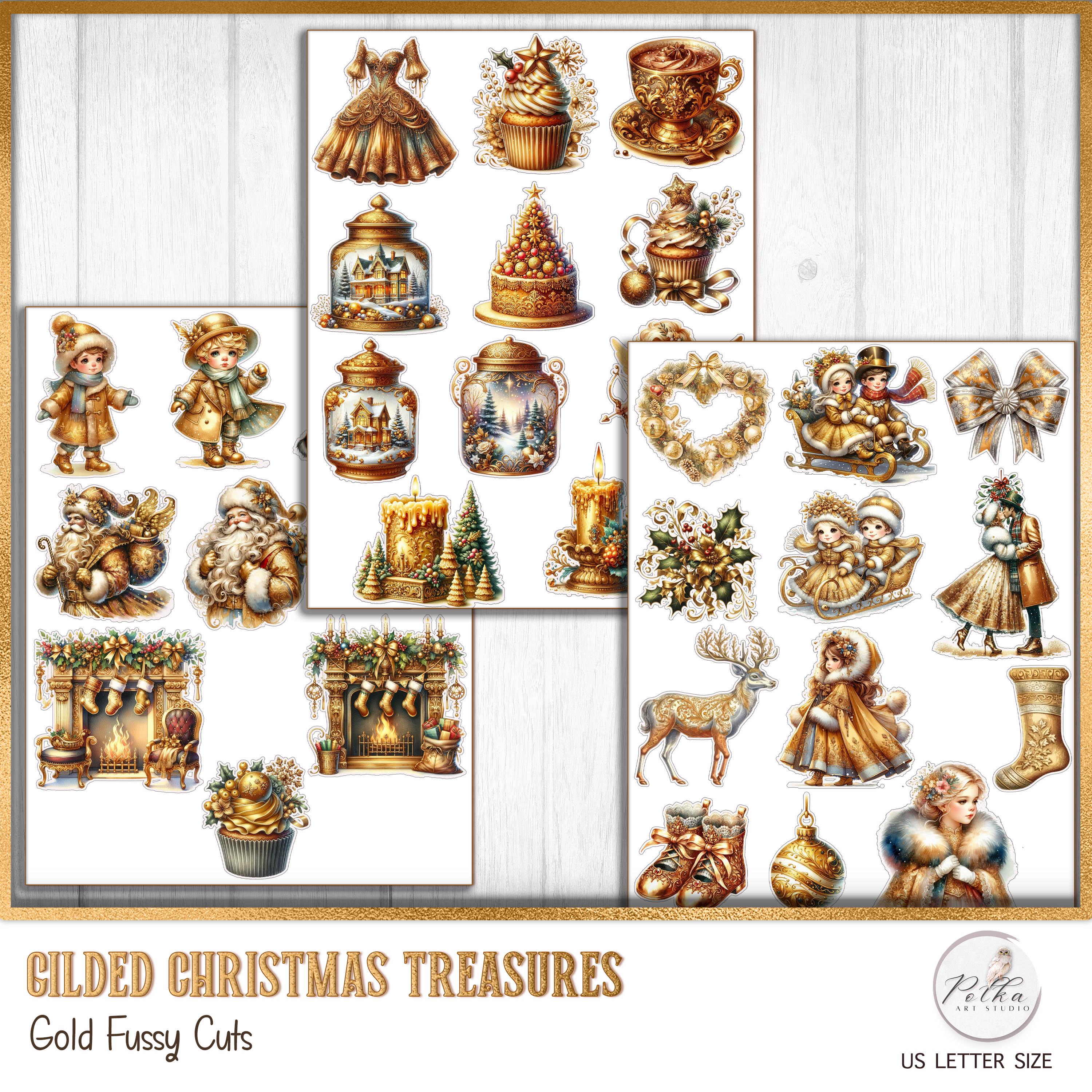 Digital Christmas Clipart Stickers: Vintage Gold Ephemera (printable ...