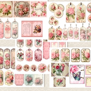 Journal indésirable, vintage, pages de journal shabby Chic roses roses et éphémères, étiquettes, fleurs, téléchargement numérique imprimable, pages florales de scrapbooking image 3