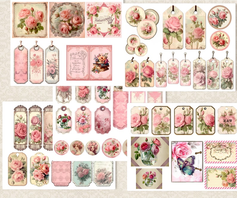 Journal indésirable, vintage, pages de journal shabby Chic roses roses et éphémères, étiquettes, fleurs, téléchargement numérique imprimable, pages florales de scrapbooking image 3