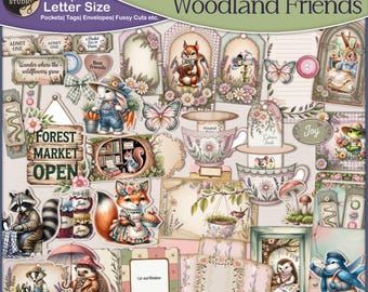 May include: An add-on kit titled "Woodland Friends" featuring various paper cutouts. The kit includes tags, envelopes, and fussy cuts with illustrations of woodland animals, flowers, and teacups. The text "25 Papers Letter Size" is also visible.