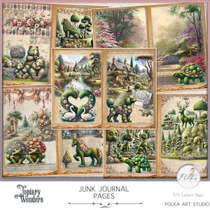 Diario digitale con topiari da giardino vintage, estate, album di ritagli con animali stampabili, pagine romantiche da scaricare immediatamente, fogli di diario stampabili