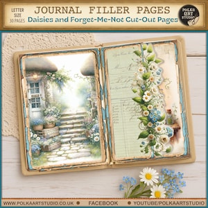 Digitales Junk Journal Kit Ausgeschnittene dekorative Blumenjournalpapiere, rustikale, Vergissmeinnicht Cottagecore Seiten, Polka Art Studio