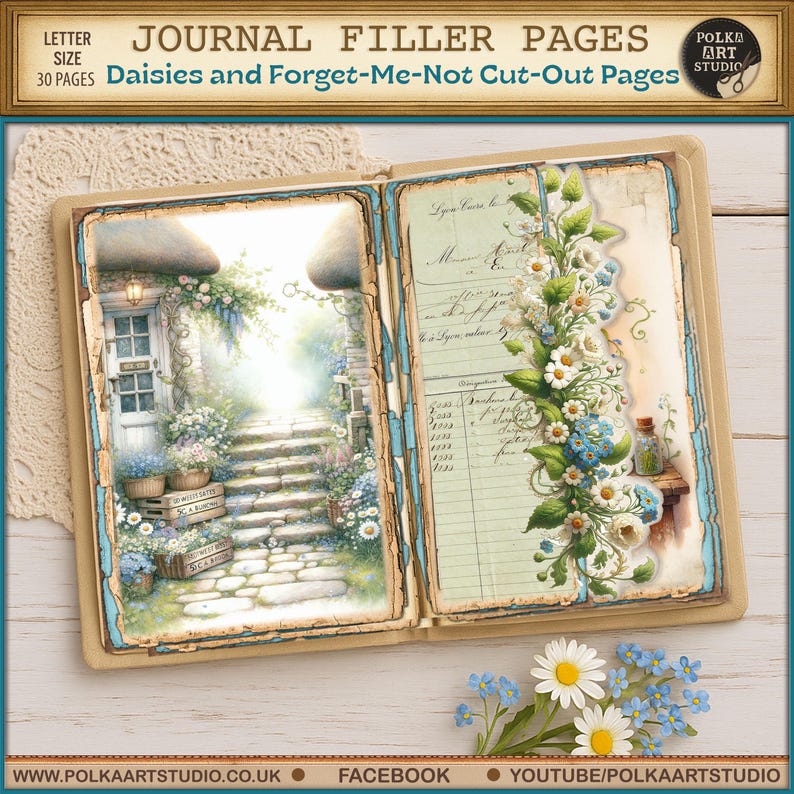 Pu&ograve; includere: Un diario aperto con pagine decorative. La pagina sinistra mostra una scena di cottage con un sentiero di pietra, e la pagina destra ha elementi floreali e in stile registro. Il diario &egrave; intitolato "Journal Filler Pages" e "Daisies and Forget-Me-Not Cut-Out Pages".