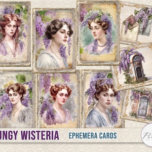 Junk Journal Vintage Ephemera Cards Eleganti signore vittoriane, pagine floreali di glicine, carte da collage shabby chic stampabili floreali, album di ritagli
