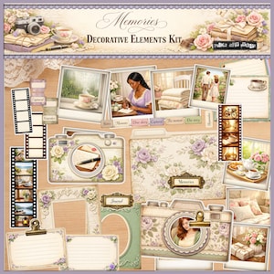 May include: A decorative elements kit with a vintage theme. The kit includes various paper cutouts shaped like cameras, frames, and film strips, adorned with floral designs and the word "Memories". The color palette features soft pastels.