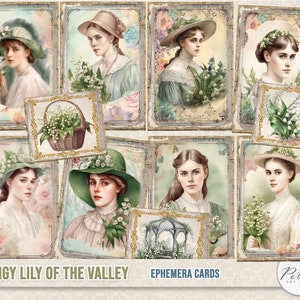 Junk Journal cartes éphémères vintage dames victoriennes élégantes, pages florales de muguet imprimables papiers collage shabby chic, scrapbooking