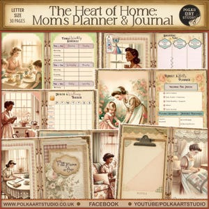 May include: A letter-size Mom's Planner & Journal with 30 pages, featuring vintage-style illustrations. Includes a family weekly schedule, shopping list, budget planner, and health tracker. The cover reads "The Heart of Home".