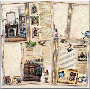 May include: A vintage-style illustration of a crime scene with a detailed drawing of a wooden cabinet with drawers, a lantern, a magnifying glass, a camera, and a newspaper clipping with the headline "EURS DE MOUSSES". The newspaper clipping includes the text "Grindy's rivalry with the Featherstone family was fueled by a desire for power and wealth. He orchestrated the theft to obtain the diamond, intending to decipher the hidden family fortune and gain a strategic advantage over the Featherstones in the ongoing land dispute. Grimsby's expertise in codes and cipher, combined with his financial resources, made him the mastermind behind the crime."