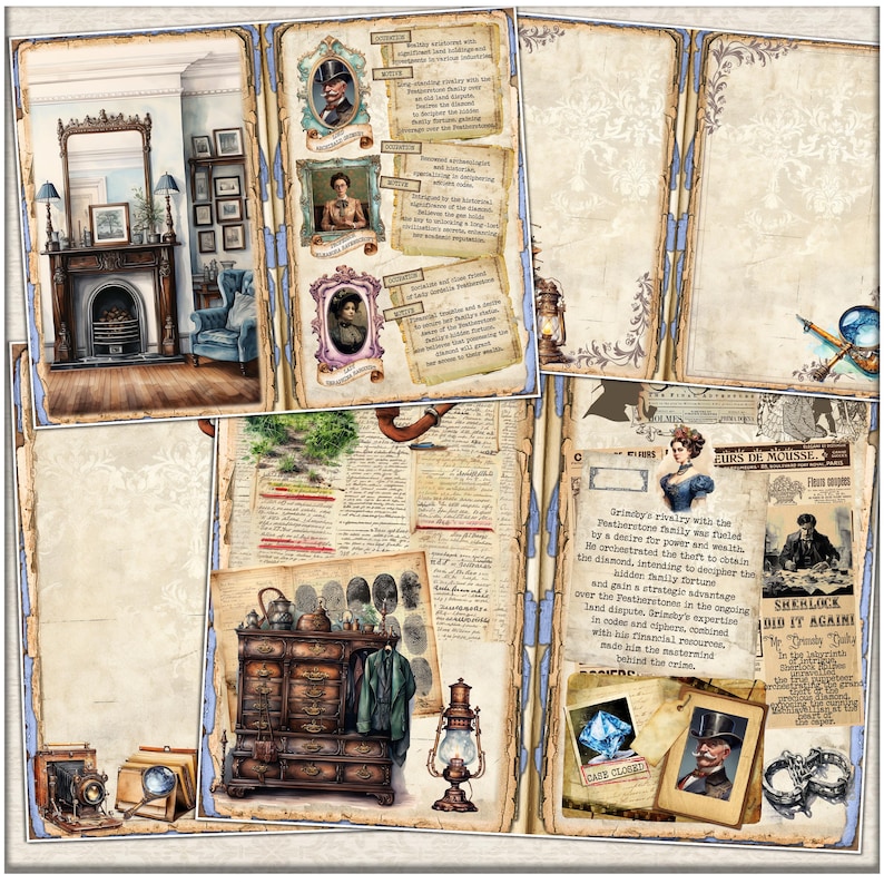 May include: A vintage-style illustration of a crime scene with a detailed drawing of a wooden cabinet with drawers, a lantern, a magnifying glass, a camera, and a newspaper clipping with the headline "EURS DE MOUSSES". The newspaper clipping includes the text "Grindy's rivalry with the Featherstone family was fueled by a desire for power and wealth. He orchestrated the theft to obtain the diamond, intending to decipher the hidden family fortune and gain a strategic advantage over the Featherstones in the ongoing land dispute. Grimsby's expertise in codes and cipher, combined with his financial resources, made him the mastermind behind the crime."