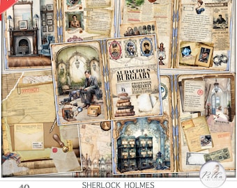 Digital Junk Journal Kit,Sherlock Holmes Journaling Papers, Mistery. Detective Victorian Vintage Decorative  Papers, Digital Download, Paper