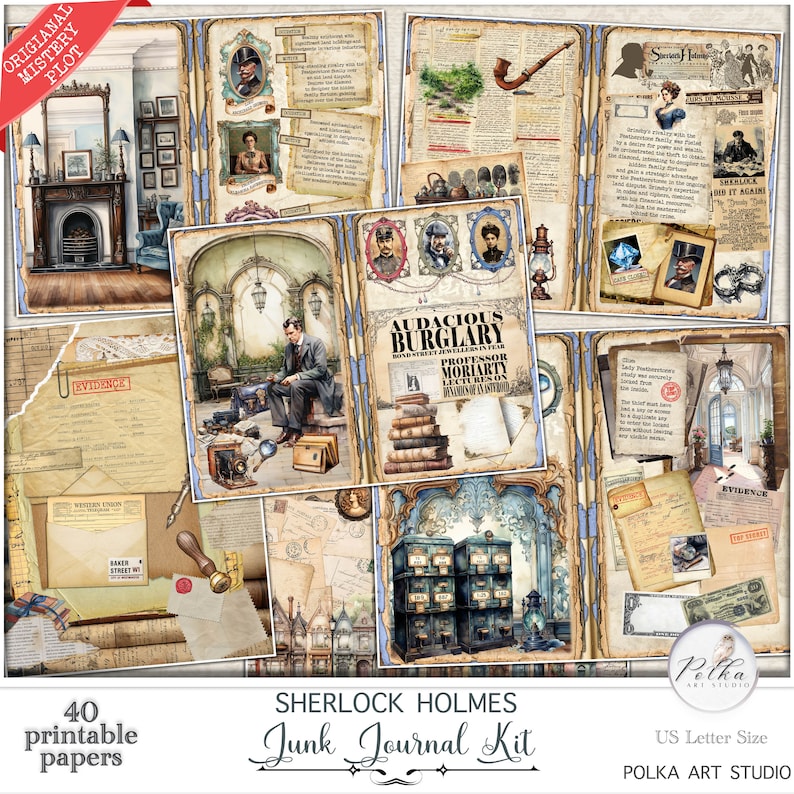 May include: A digital printable junk journal kit featuring Sherlock Holmes themed images. The kit includes 40 printable papers in US letter size. The images include a vintage style drawing of Sherlock Holmes, a map, a newspaper clipping, a vintage style drawing of a fireplace, a vintage style drawing of a library, and a vintage style drawing of a magnifying glass.