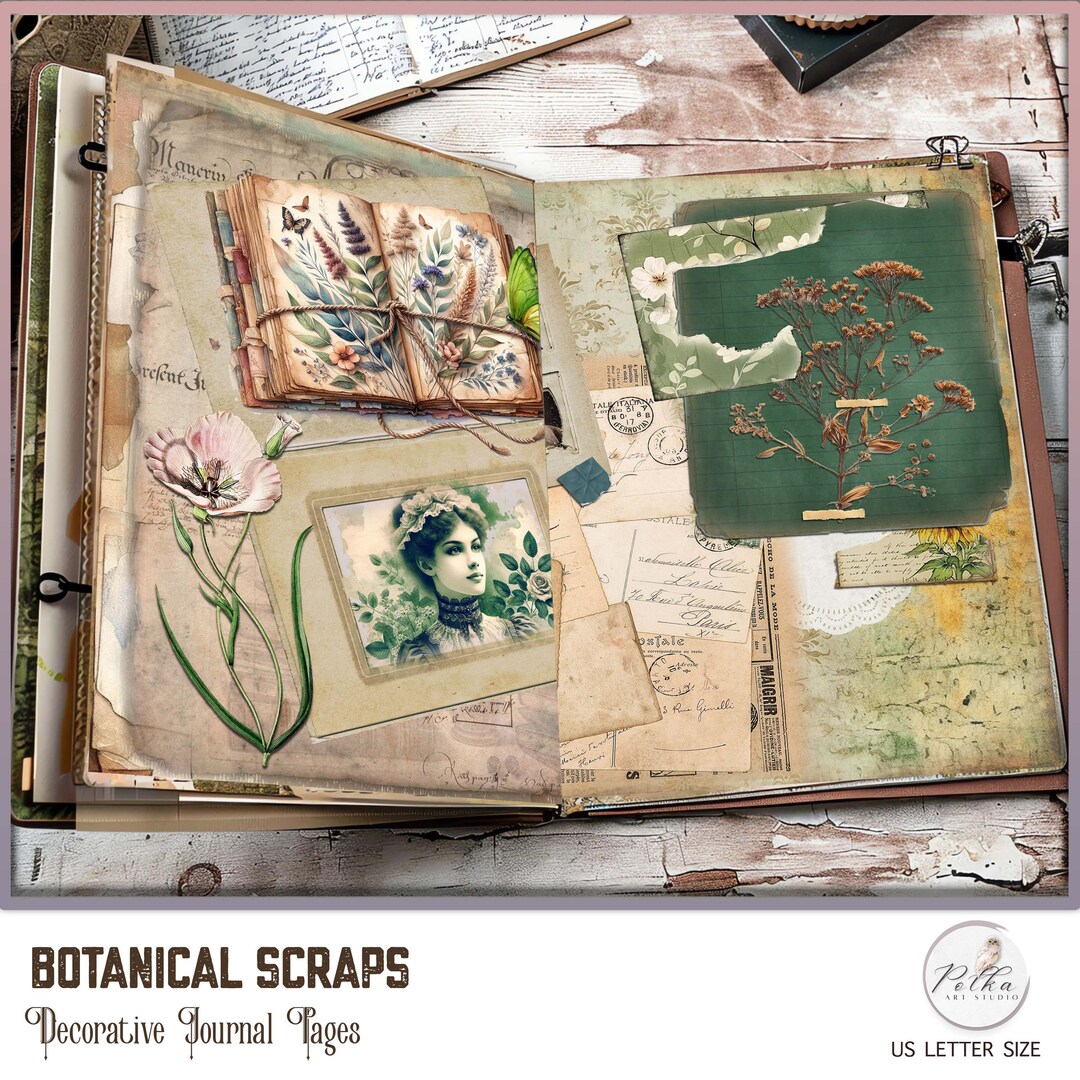 Botanical Junk Journal Pages: Vintage Green Scrapbook Paper (digital ...
