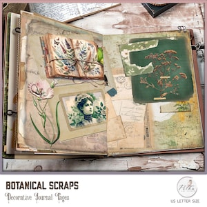 Pagine di diario decorative digitali verdi Junk Journal, carte per scrapbooking botaniche, confezione di carta vintage acquerello Download immediato