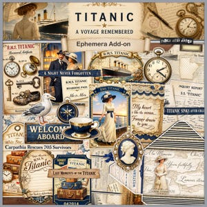 Puede incluir: Un collage vintage de efemérides temáticas del Titanic. El diseño incluye imágenes del barco, pasajeros, relojes, tarjetas de embarque y equipaje. El texto incluye "Titanic: A Voyage Remembered" y otras frases. La paleta de colores es principalmente azul, crema y dorado.