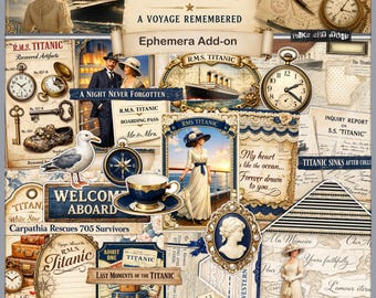 Kit di materiale stampabile a tema viaggio del Titanic, etichette, biglietti e cartoline nautiche vintage (download digitale).
