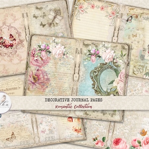 Junk Journal Kit Floral Seiten bedruckbarer digitaler Download, Rosen Dekorpapiere, Journaling Shabby Chic Vintage Papiere, gefüttert Journal Papier