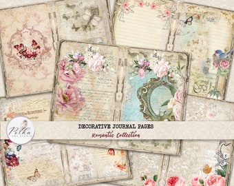 Junk Journal Kit Floral Pages Printable Digital Download, Roses Decorative Papers,Journaling Shabby Chic Vintage Papers, Lined Journal Paper