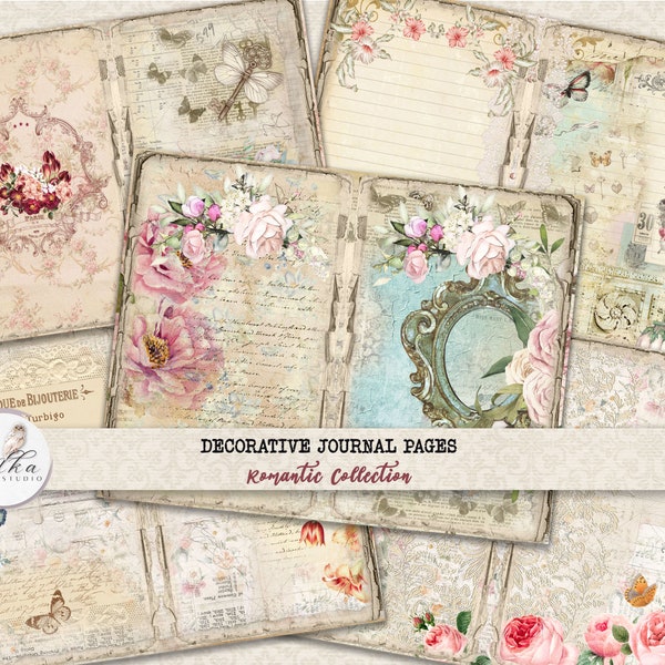 Junk Journal Kit Floral Pages Printable Digital Download, Roses Decorative Papers,Journaling Shabby Chic Vintage Papers, Lined Journal Paper