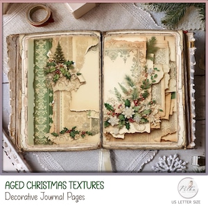 Christmas Junk Journal Verouderd papier en digitaal decoratief damast Wintergroen dagboekpagina's, scrapbooking, Paper Pack Vintage Instant Download