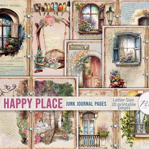 Junk Journal Decorative Floral Papers, &quot;My Happy Place&quot; Spring/Summer Doors, Windows, Romantic Scenery, Printable Journaling Pages
