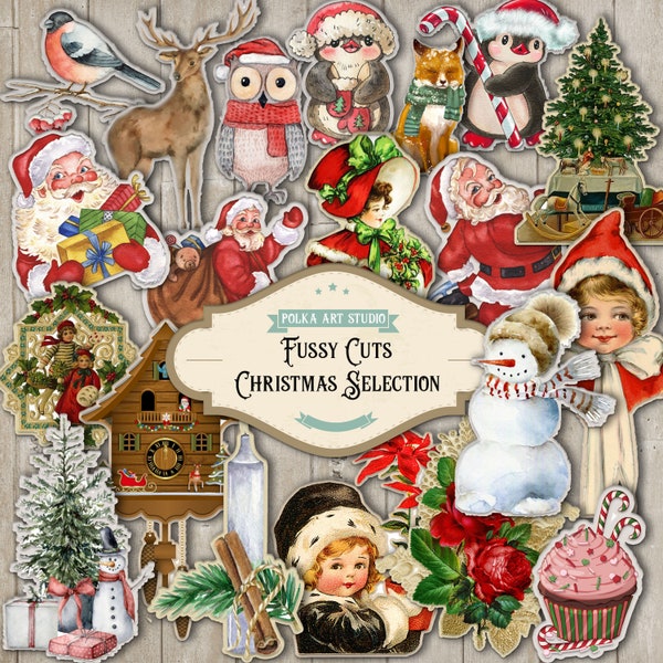 Junk Journal Christmas Fussy Cuts Collection - 7 pages - Vintage Decoration, Santa, Animals, Flowers, Printable Stickers