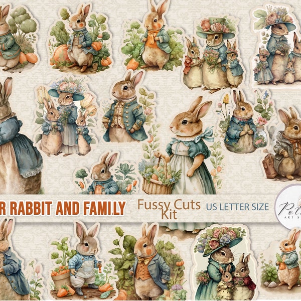 Junk Journal Pâques Peter Rabbit Fussy coupes Digi Kit, imprimable Easter Sickers, téléchargement numérique, clipart éphémère imprimable vintage