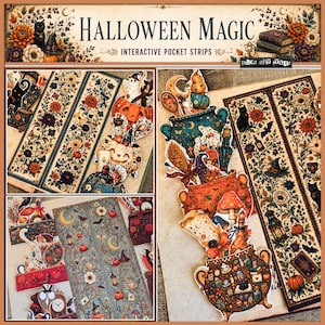 May include: Halloween Magic interactive pocket strips featuring intricate floral patterns, black cats, pumpkins, cauldrons, and mystical items. The design includes vertical strips with botanical motifs and layered die-cut elements like ghosts and potions.