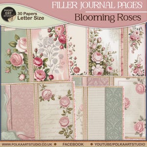 Páginas de relleno para diario con rosas florecientes / Papel de escribir imprimible con rayas y estampados / Kit para diario basura con temática de rosas, Polka Art Studio
