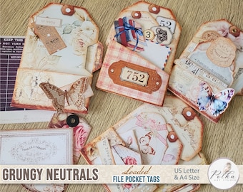 Digital Junk Journal Loaded Folder Pocket Tags, Shabby Ephemera, Neutral Vintage Ephemera, Grunge Printable Journaling Embellishments, Roses