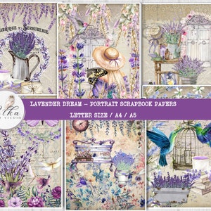 Kit de scrapbooking pour journal indésirable, rêve de lavande, papier imprimable vintage lavande florale, kit de téléchargement numérique, pages de lavande française shabby chic