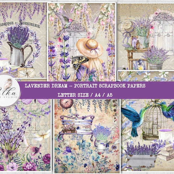 Junk Journal Scrapbook Kit, Lavender Dream, Vintage Floral Lavender Printable Paper, Digital Download Kit, Shabby Chic French Lavander Pages