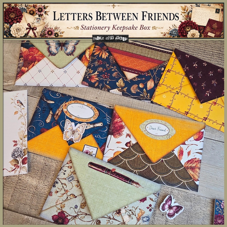 May include: A collection of stationery envelopes featuring various patterns including butterflies, floral motifs, autumn leaves, and vintage-style fountain pens. The envelopes are decorated with labels reading Dear Friend and Air Mail, showcasing a mix of yellow, blue, green, and burgundy colors.