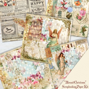 Digitaal afdrukbaar kerstpapierpakket - 'Blessed Christmas' vintage collage, scrapbooking, dagboekpakket, knippagina's, dankbaarheidspapier